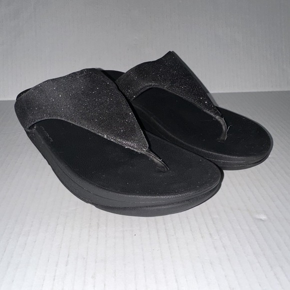 Fitflop Shoes - FitFlop Shoes Womens Size 8 Black Glitter Thong Wedge Sandals Comfort Toning